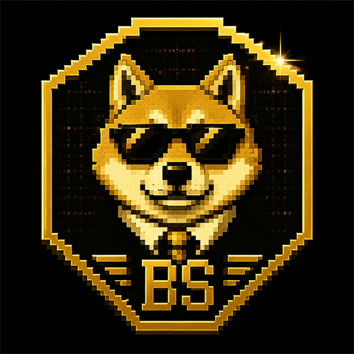 The Bark Street Brokers seal: a golden pixel-art Shiba Inu in black sunglasses, suit and tie, inside an octagonal gold badge marked BS